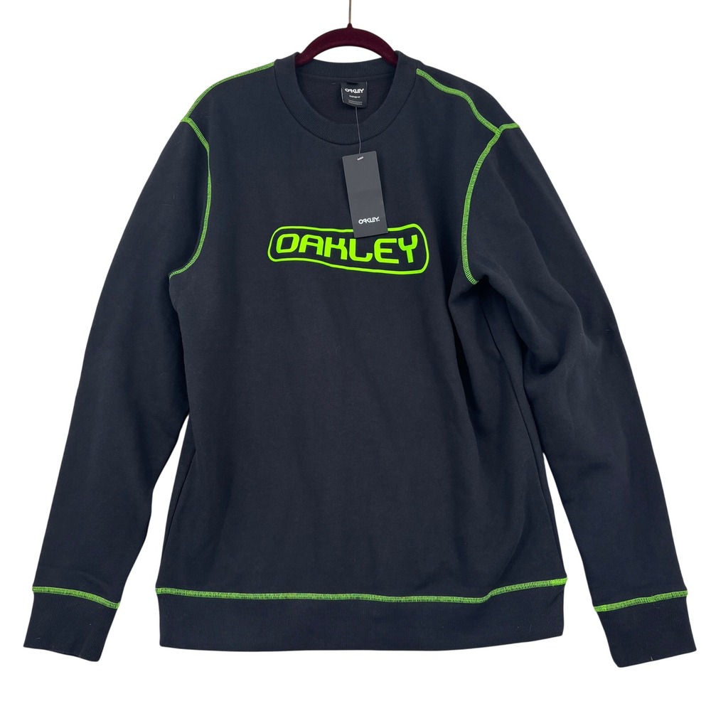 Oakley Sweatshirt Overlock Crewneck Mens Size M Black Neon Green Contrast Stitch